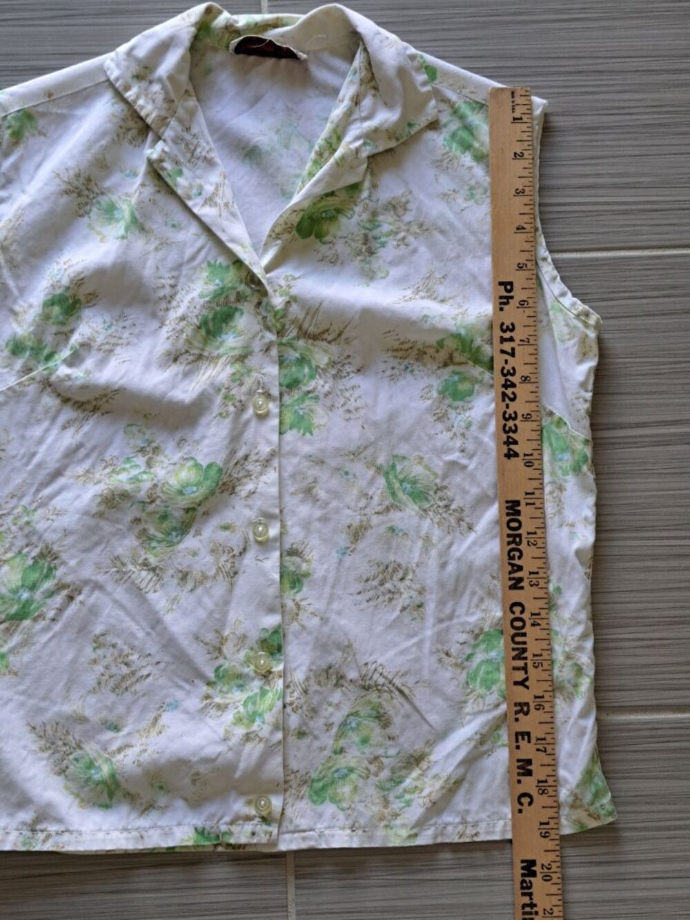 Vintage 70's Sleeveless Button-Up Blouse Green Floral Print Collared Women's S - Picture 9 of 9